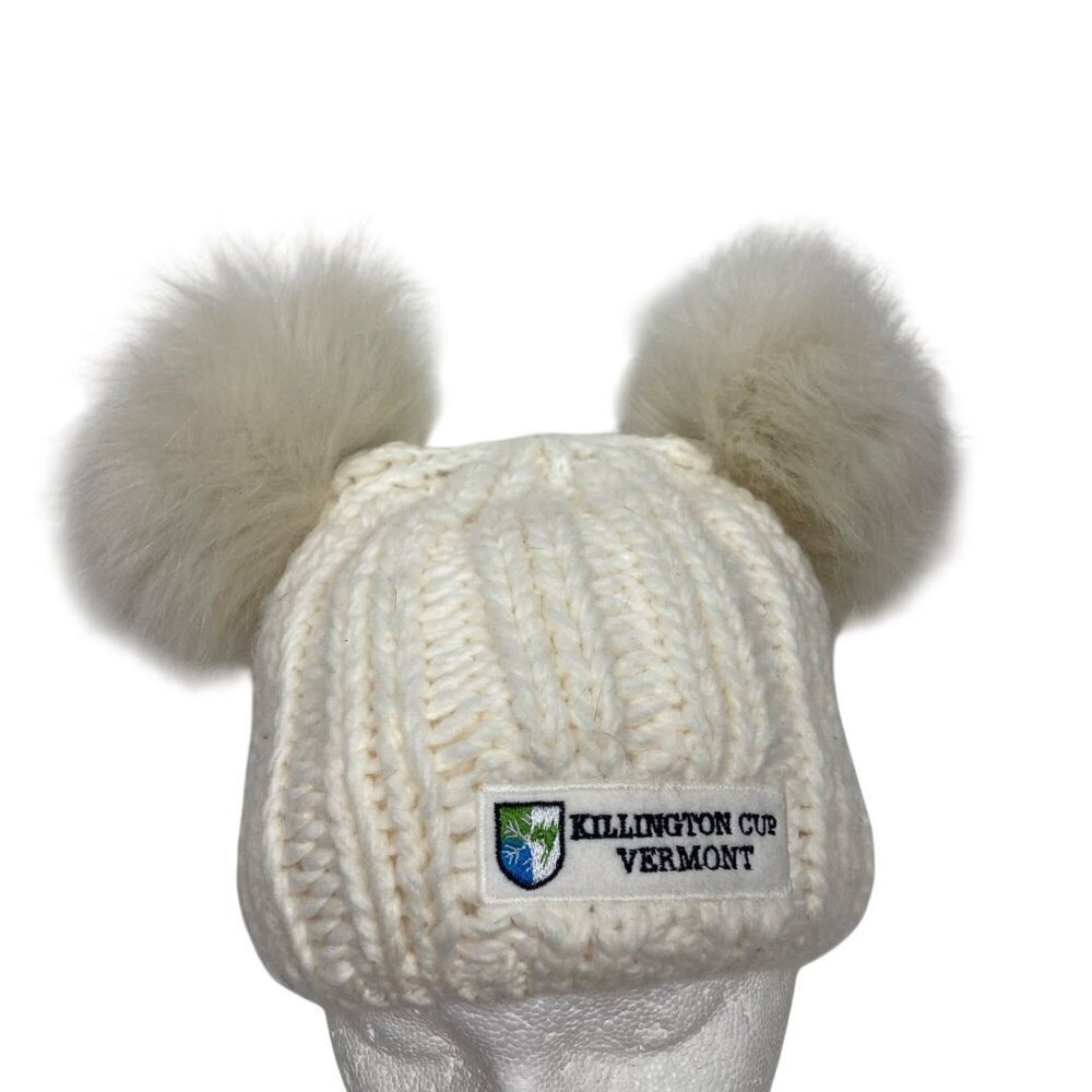 Starling Killington Cup White Knit Beanie Faux Fur Poms Wool Blend Vermont Ski